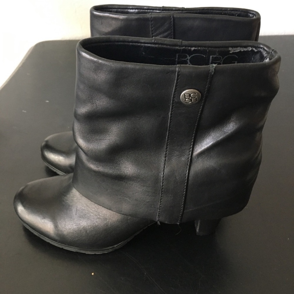 BCBG black leather pirate boot booties with fold over leather cuffs. NWOT